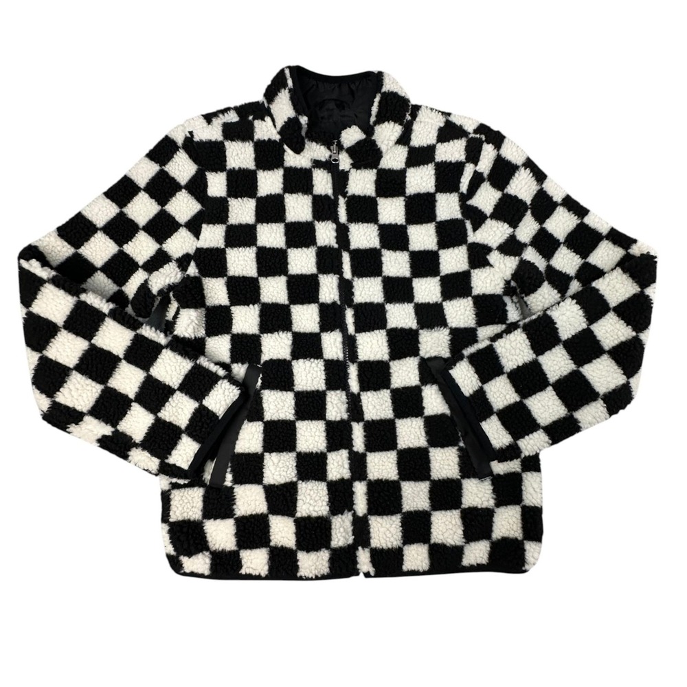 Vans Jacket Youth Large Black White Check Fleece Bomber Full Zip Lined Skate